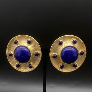 Vintage Tara Fifth Avenue Gold Tone Cobalt Blue Statement ClipOn Earrings Signed